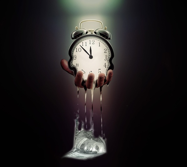 A surrealist depiction of a clock literally melting into a hundred dollar bill against a slightly mystical dark background