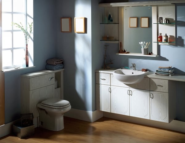 renovated bathroom with light blue walls