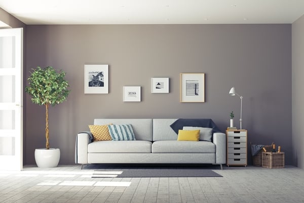 taupe living room with yellow accents